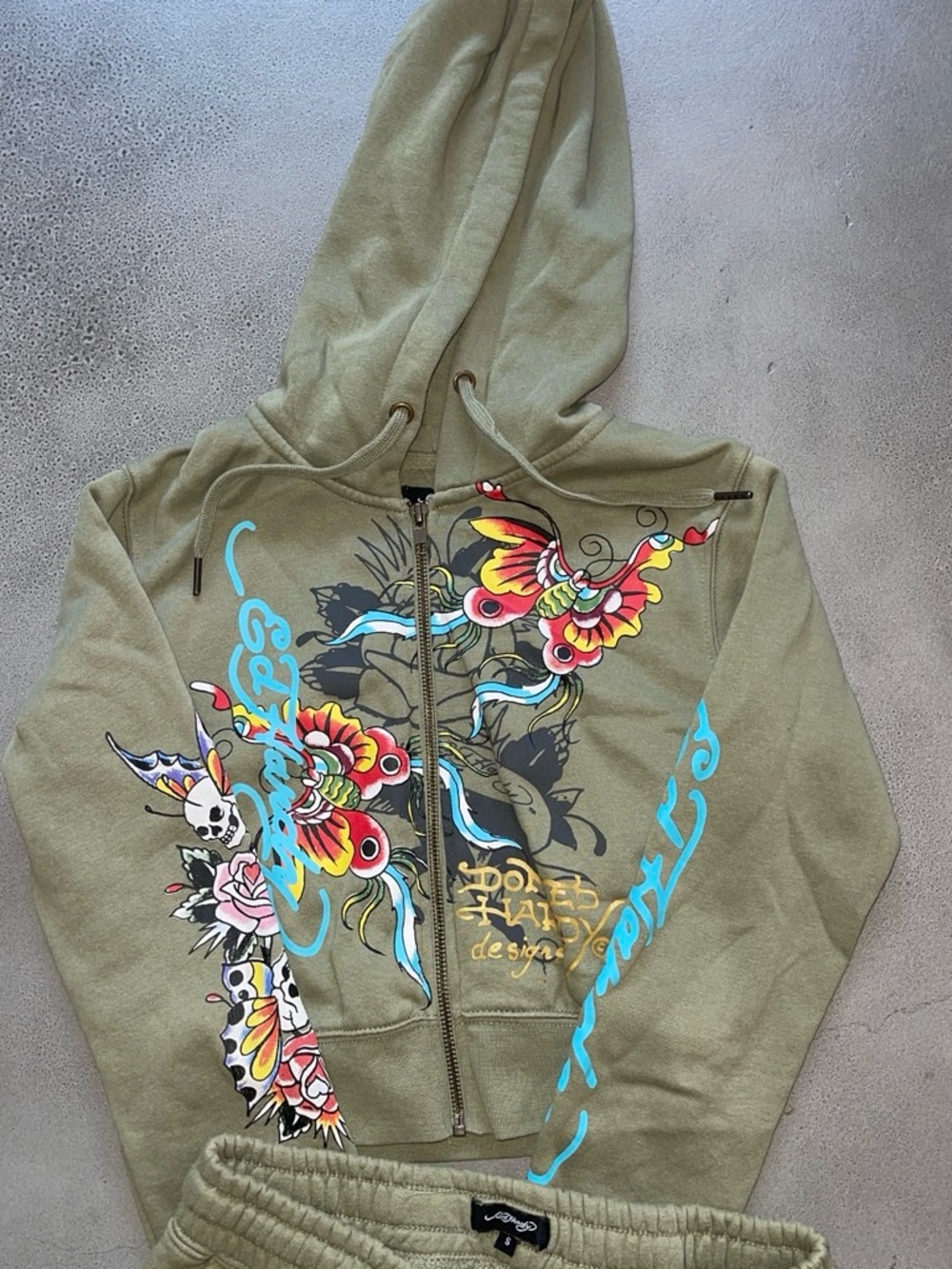 Ed Hardy Olive Green Zip-Up Hoodie with Multicolor Tattoo Graphics